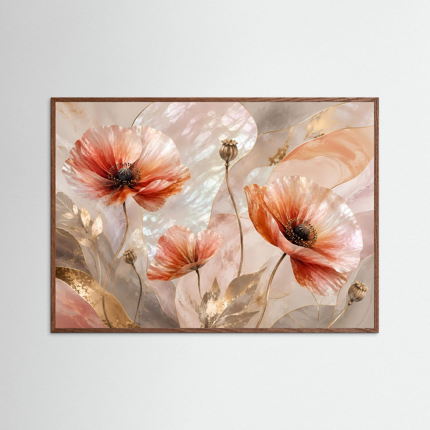 Poster mit abstrakten Mohnblumen in Pastell und Perlmutt, dunkler Holzrahmen, Querformat.