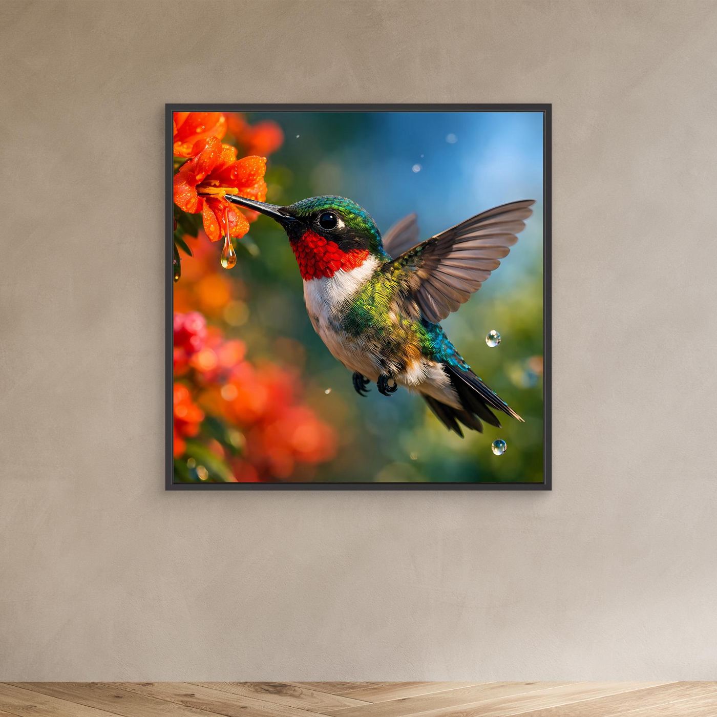 Leinwand Kolibri im Blütenrausch | Farbenfrohes Vogel Natur Wandbild