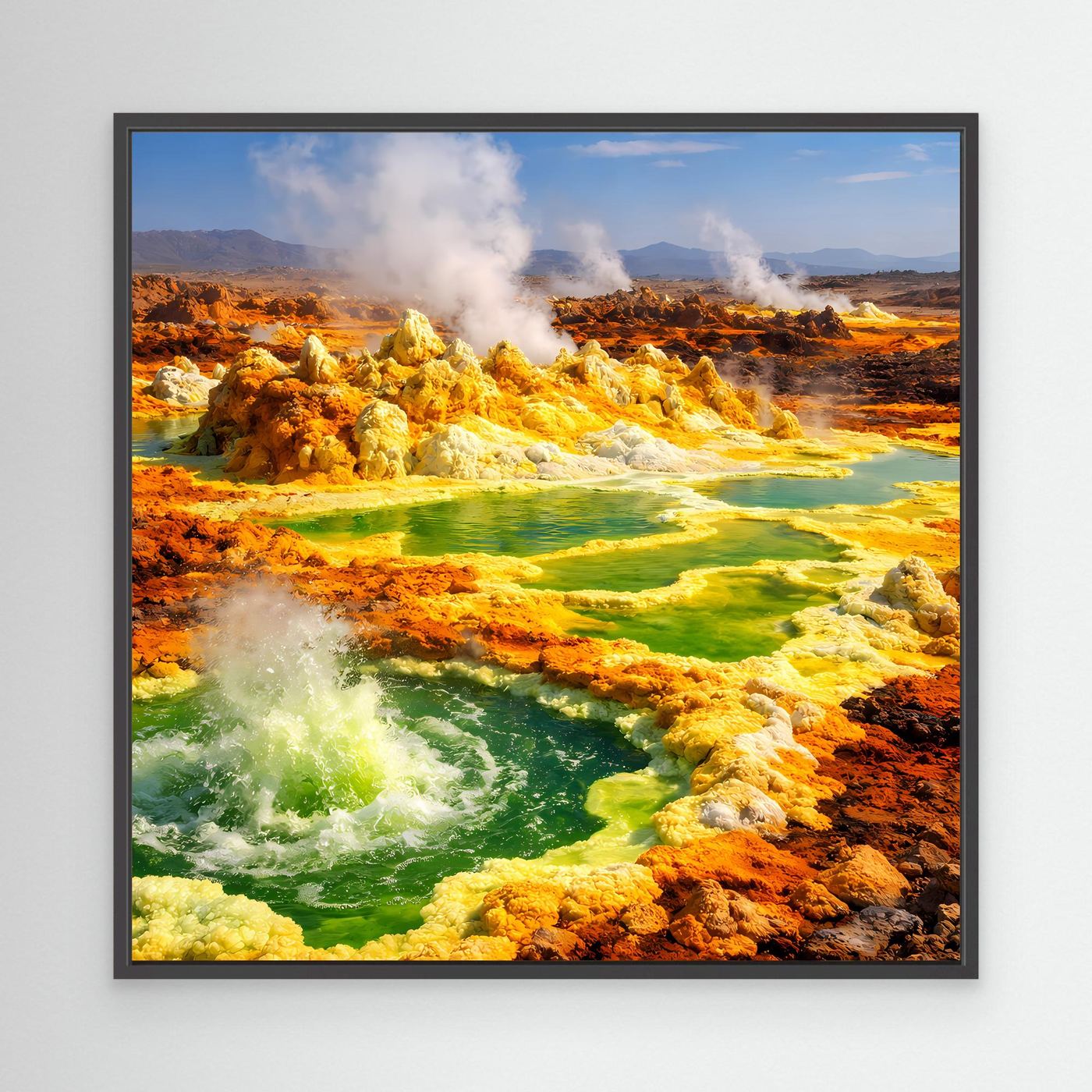 Gerahmtes Leinwandbild mit schwarzem Rahmen: Thermalquellen in Grün und Orange mit Rauch