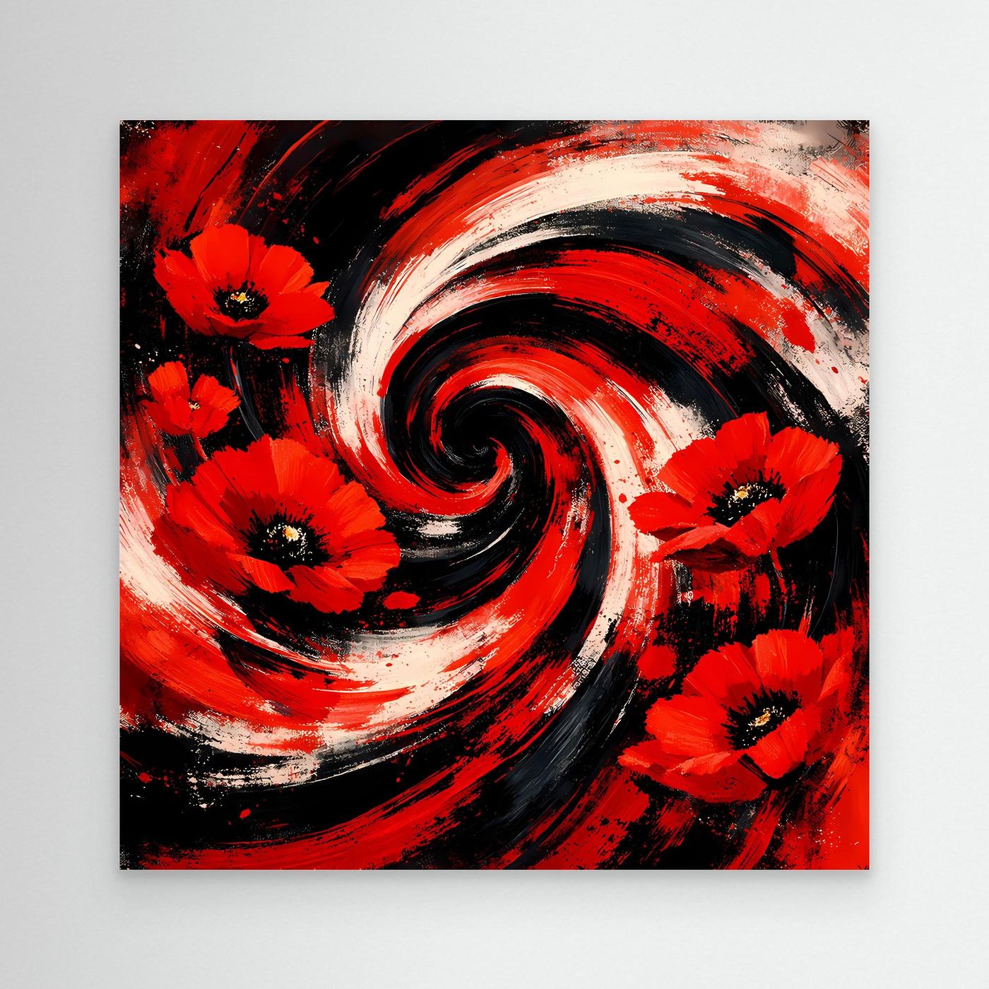 Leinwandbild mit abstrakten roten Mohnblumen und schwarzen Wirbelstrichen, ohne Rahmen
