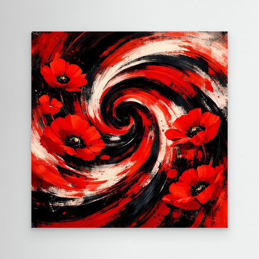 Leinwandbild mit abstrakten roten Mohnblumen und schwarzen Wirbelstrichen, ohne Rahmen