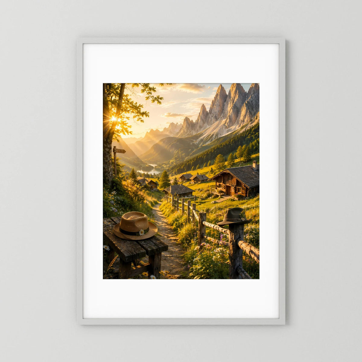 Hochformat-Poster mit weißem Rahmen und Passepartout: Alpenlandschaft mit Berghütten und Gipfeln