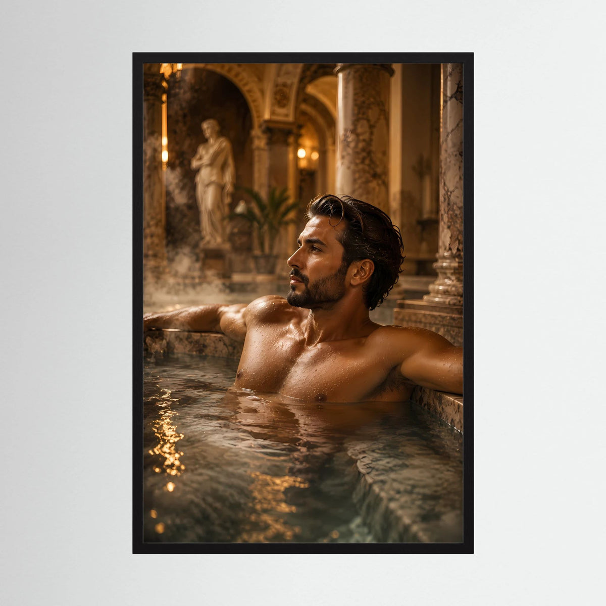 Poster im Hochformat mit schwarzem Rahmen: Mann im Thermalbad, seitliche Ansicht