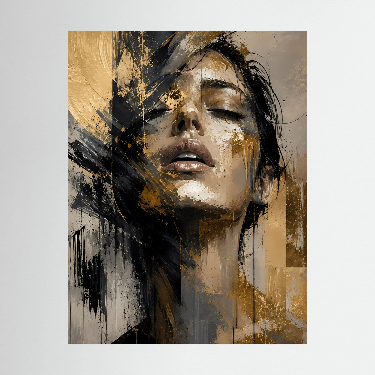 Abstraktes Poster mit Frauenporträt in Gold und Schwarz, Detailansicht ohne Rahmen