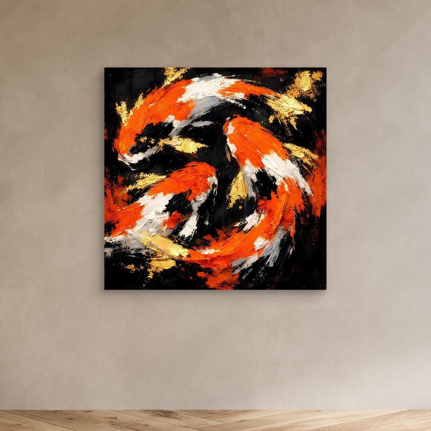 Leinwand Dynamische Koi-Karpfen | Abstraktes Yin Yang Wandbild Gold Orange