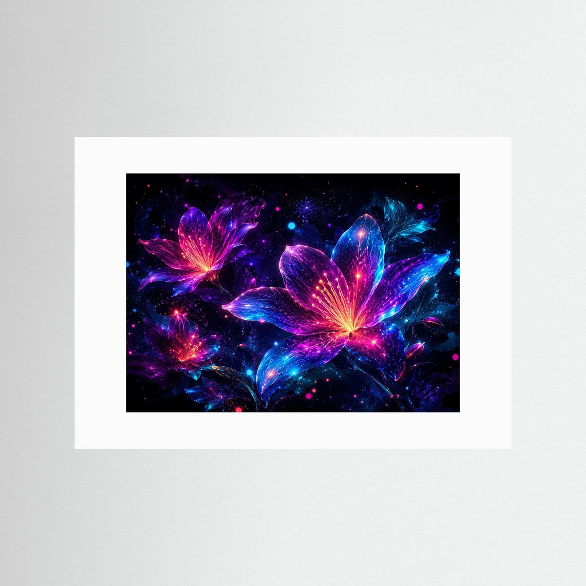 Neon-Blumenwandbild mit leuchtenden Lilien in Pink, Violett und Blau, weißes Passepartout