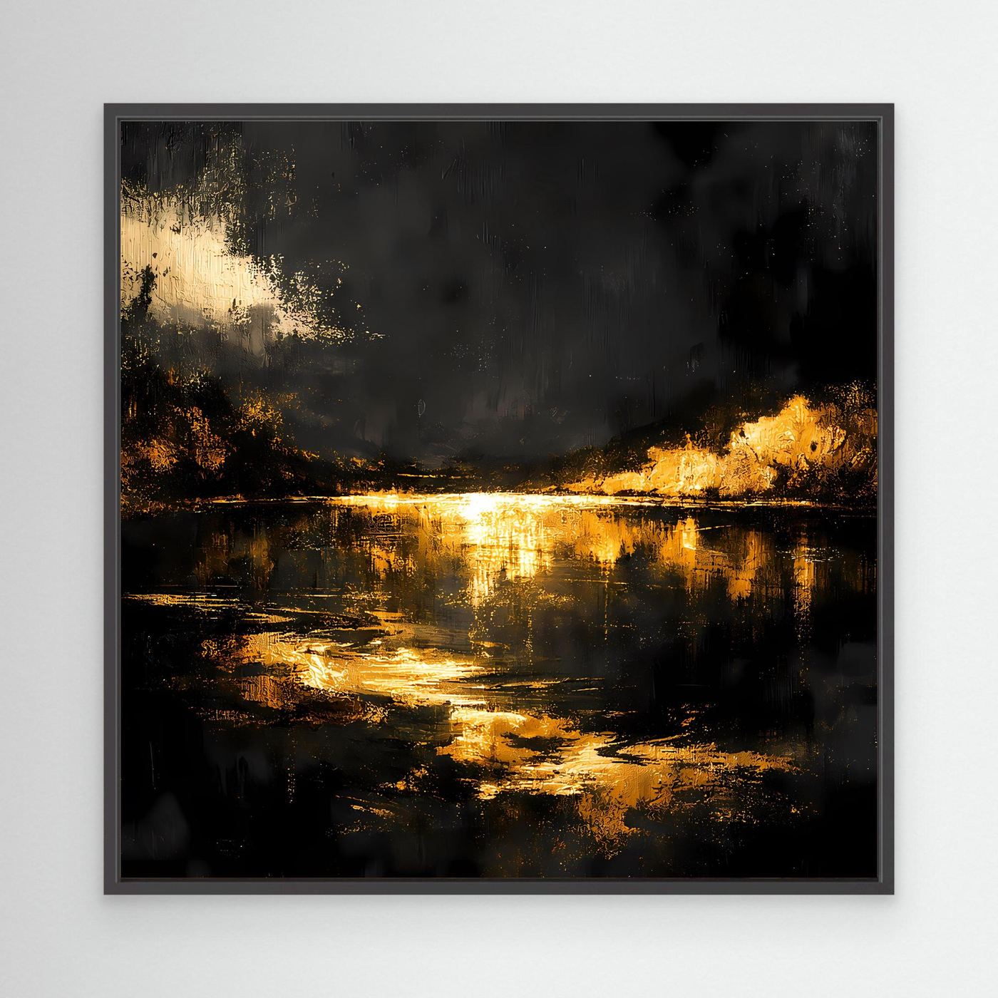Leinwand Goldene Flusslandschaft bei Nacht | Abstraktes Natur Wandbild Moderne Kunst