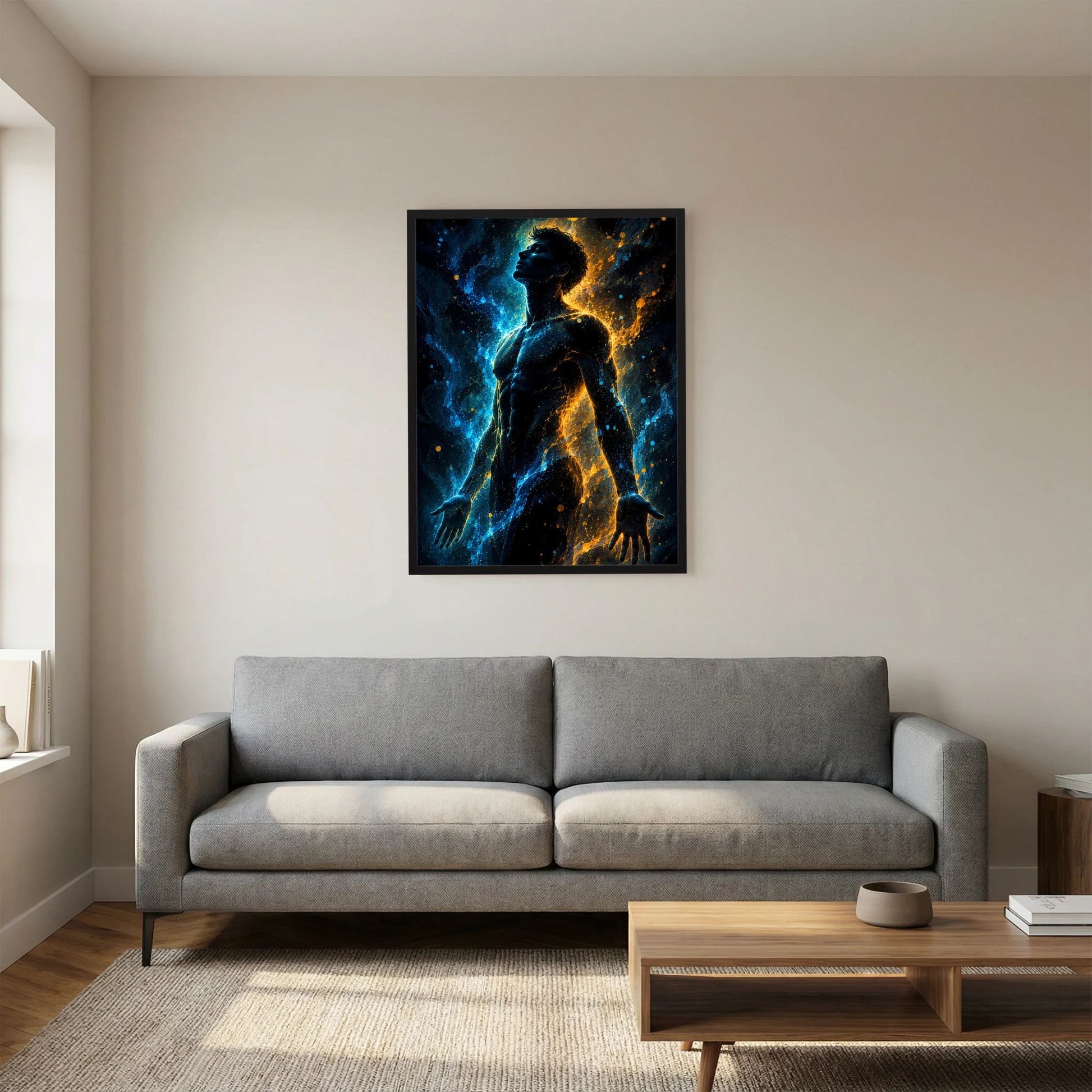 Hochformatposter mit männlicher Silhouette in Blau und Gold, leuchtende Lichtpartikel, schwarz gerahmt