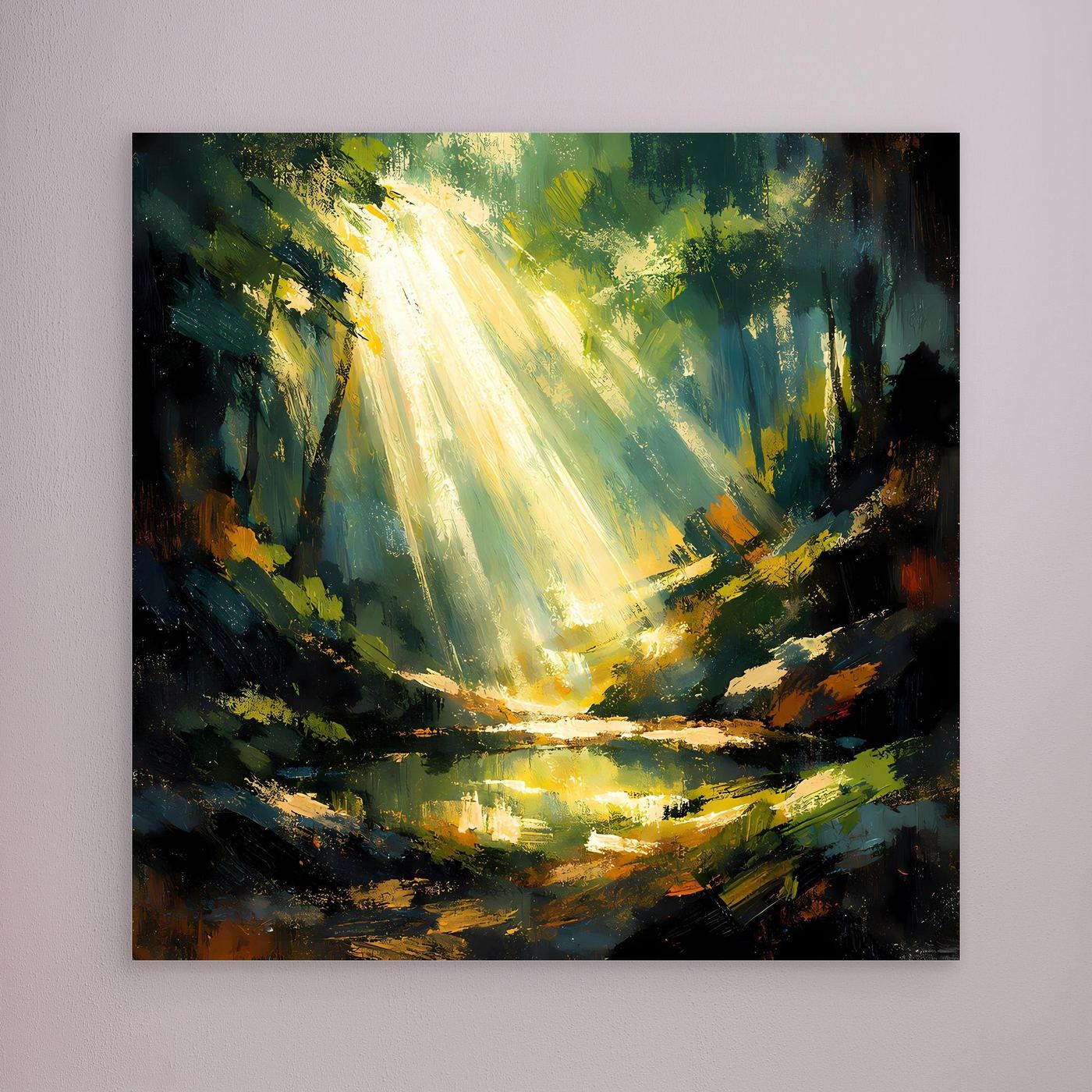 Leinwand-Wandbild mit goldenen Lichtstrahlen im Wald, ohne sichtbaren Rahmen