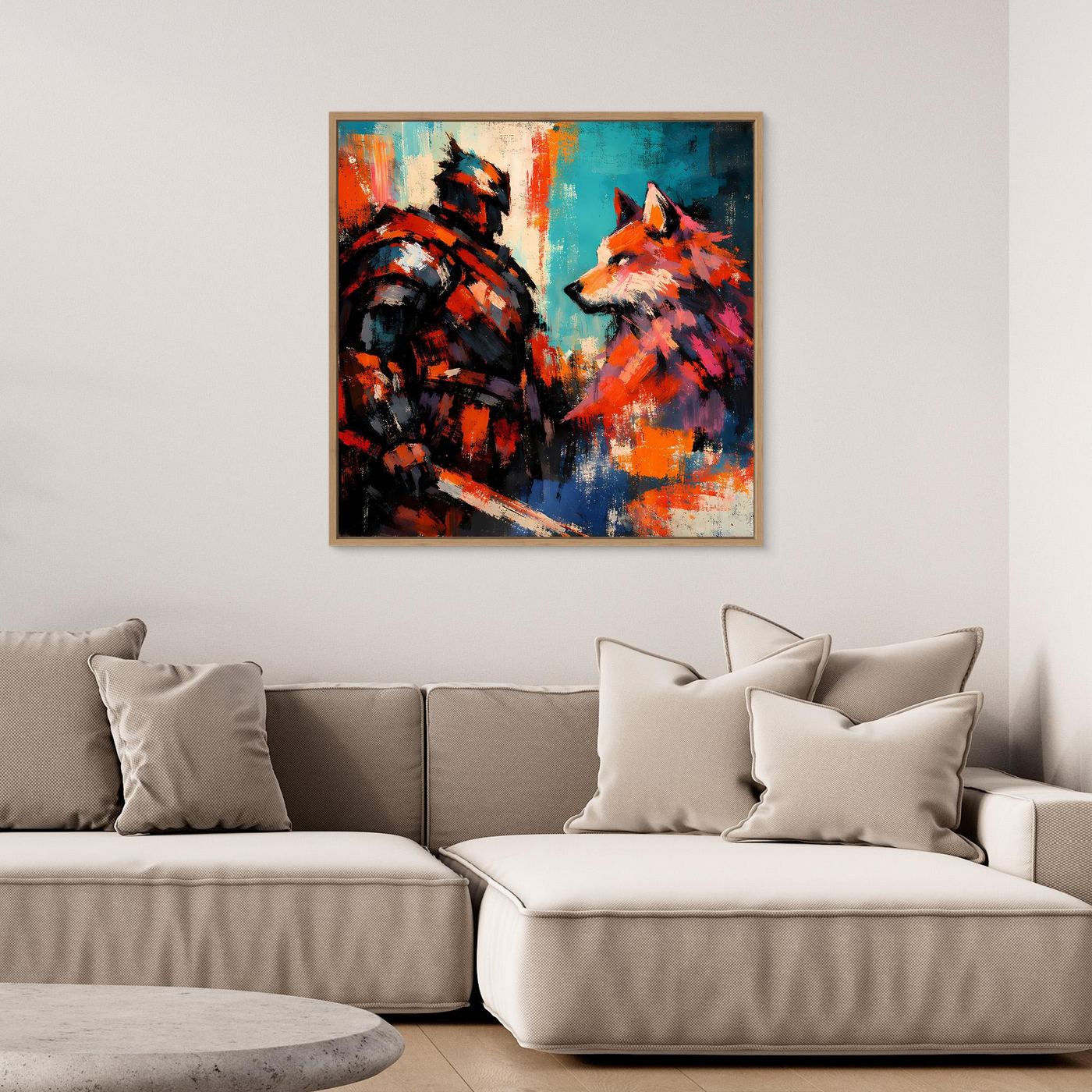 Leinwand-Wandbild mit Krieger und Wolf, orange-blau, mit hellem Holzrahmen