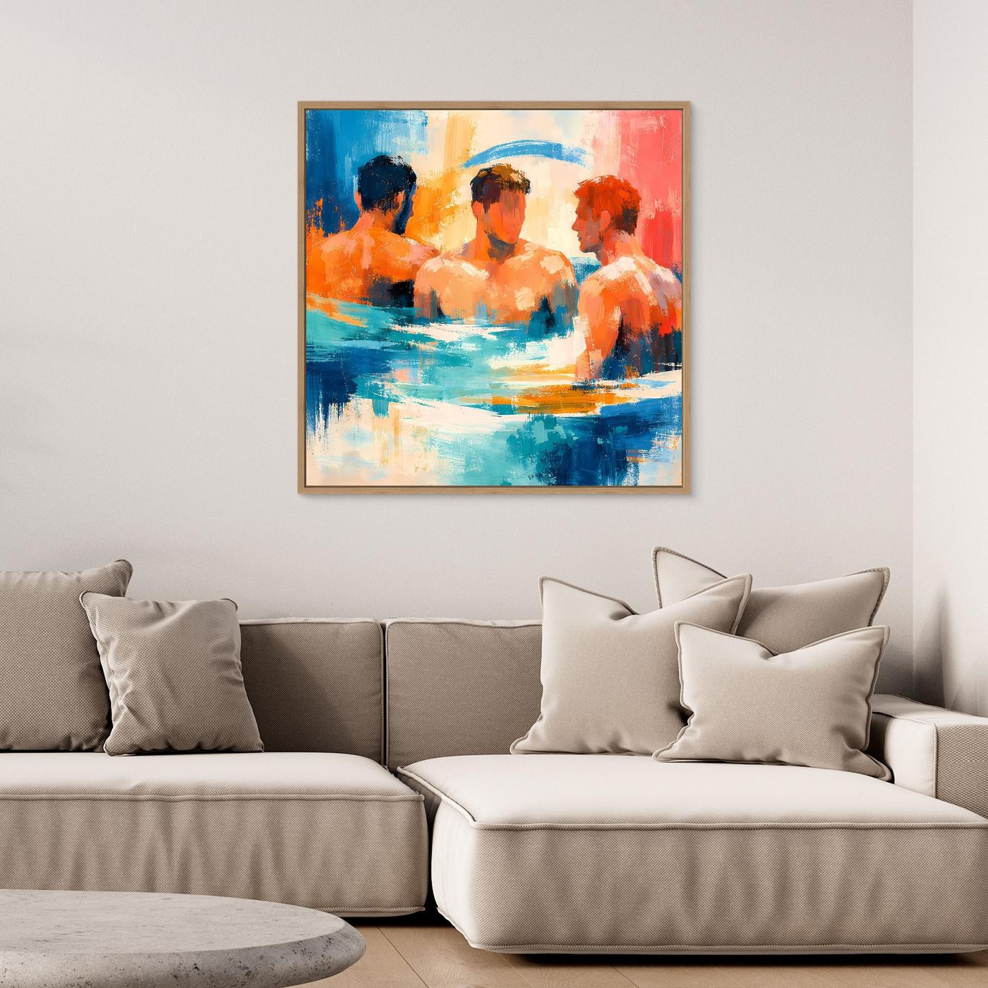Abstract canvas wall art with oak frame: swimmers in blue and orange water