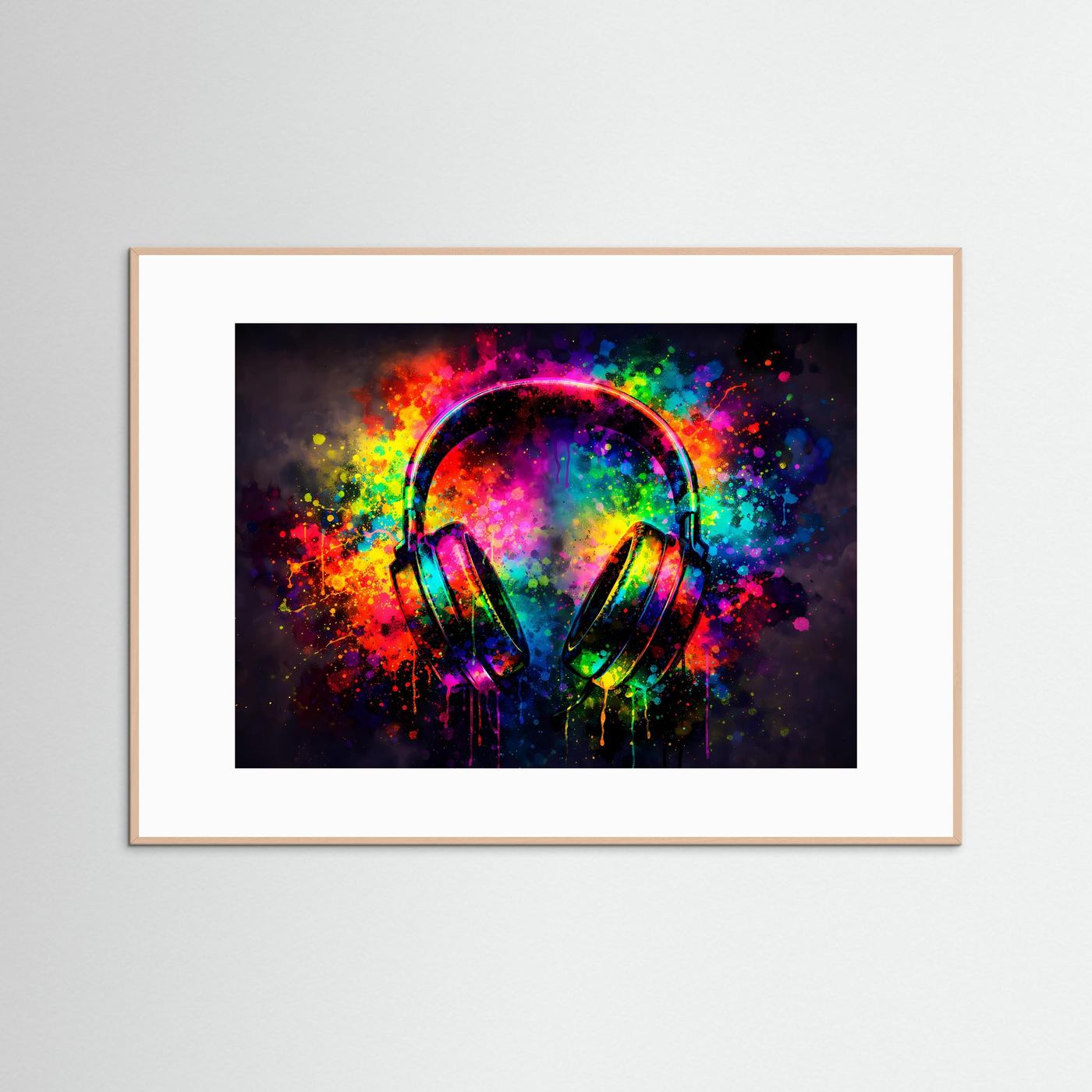 Musikposter mit leuchtenden Kopfhörern im Neon-Splash-Design, rosafarbenes Holz