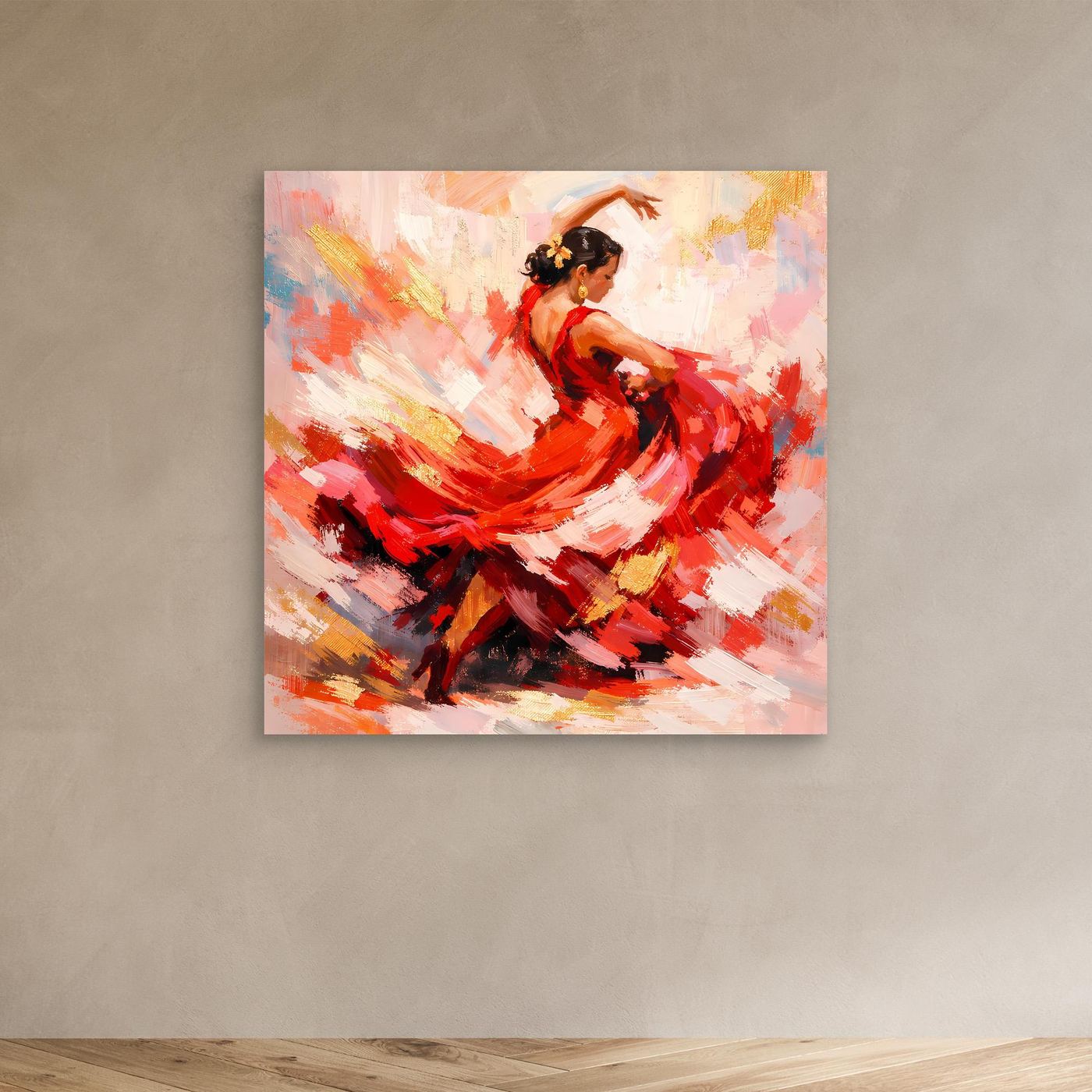 Kleines Leinwandbild: Flamenco-Tänzerin im roten Kleid, abstrakte Pinselstriche
