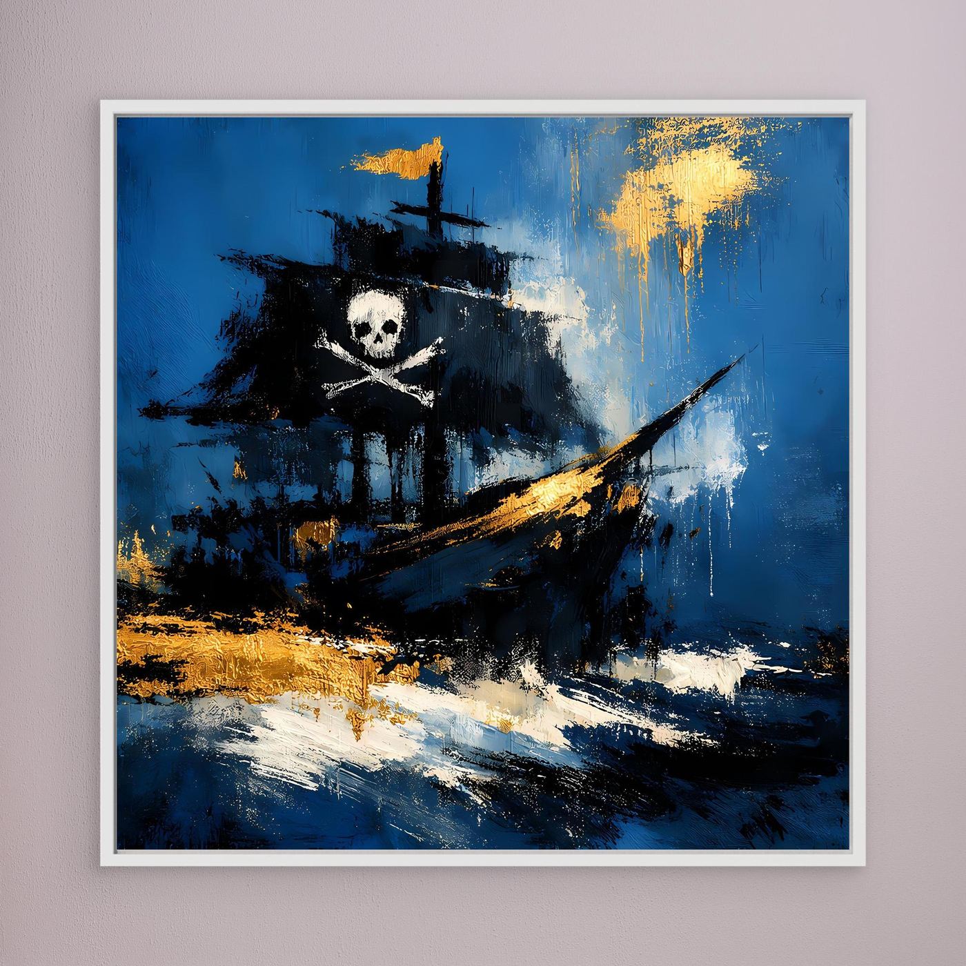 Quadratisches Leinwand-Wandbild mit Piratenschiff, blau-schwarzer Abstraktion, goldene Akzente, weiß