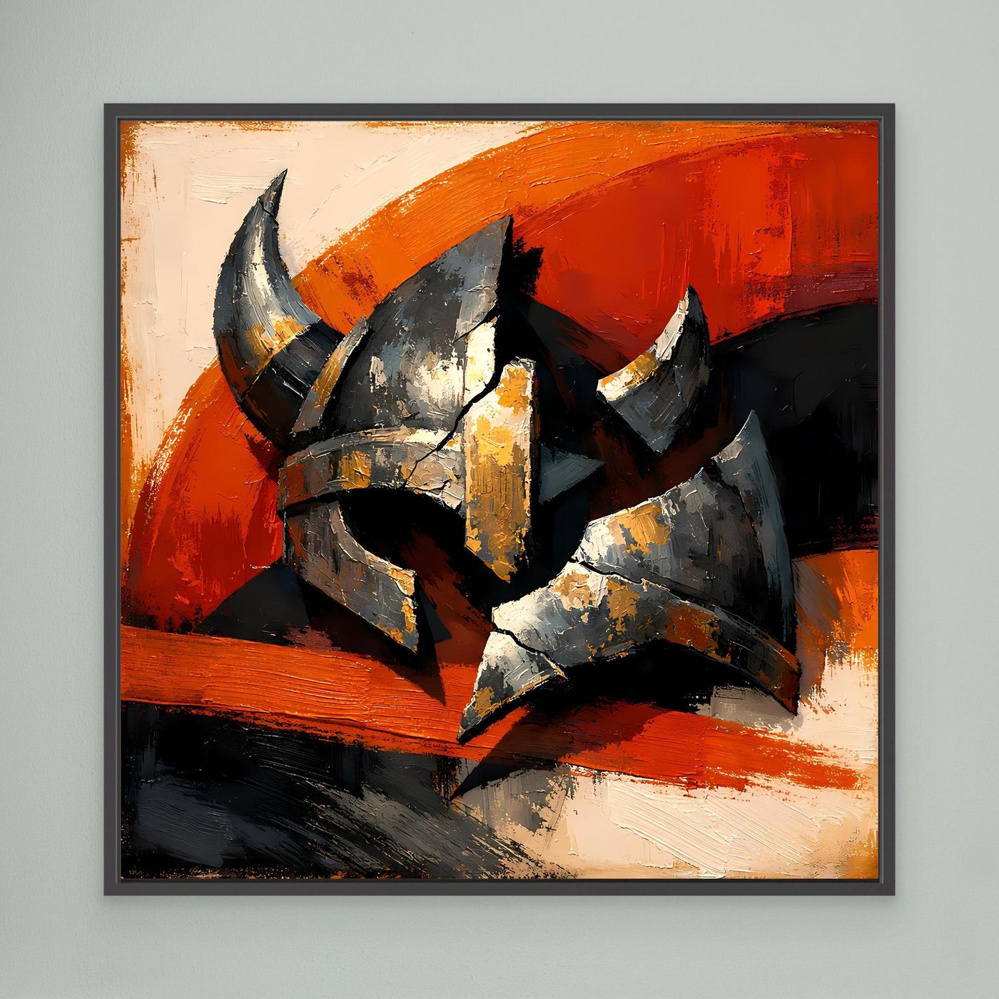 Leinwandbild mit Wikingerhelm, abstraktes Gemälde in Grau, Schwarz und Orange, schwarzer Rahmen