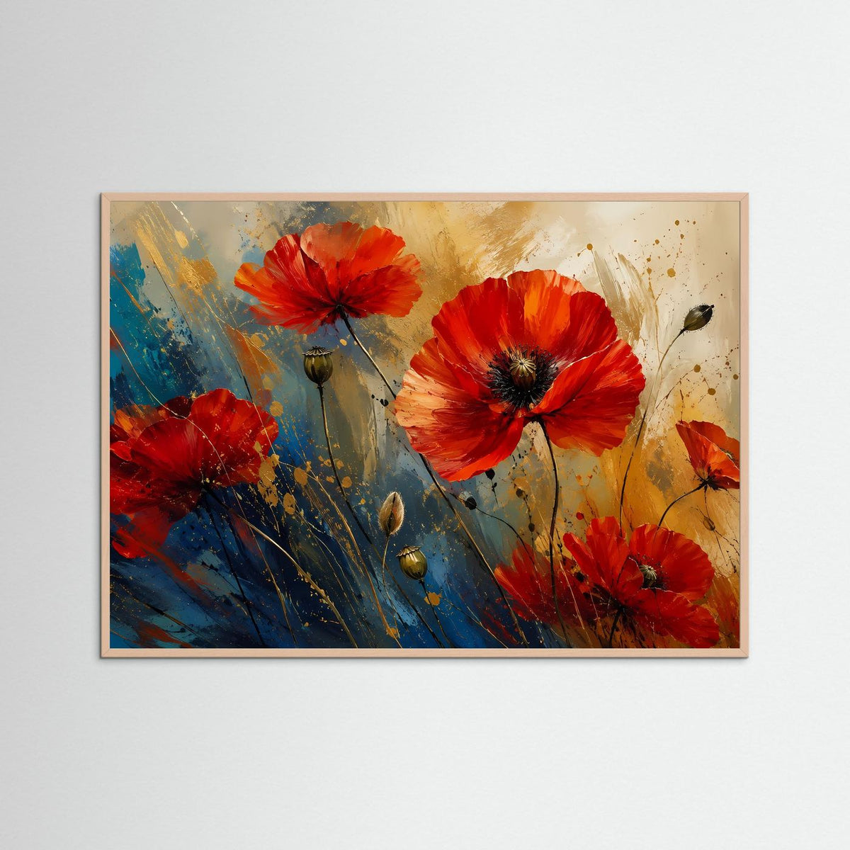 Abstrakte Mohnblumen auf Leinwand: rote Blüten, goldene Farbtöne und blaue Akzente, Roserahmen