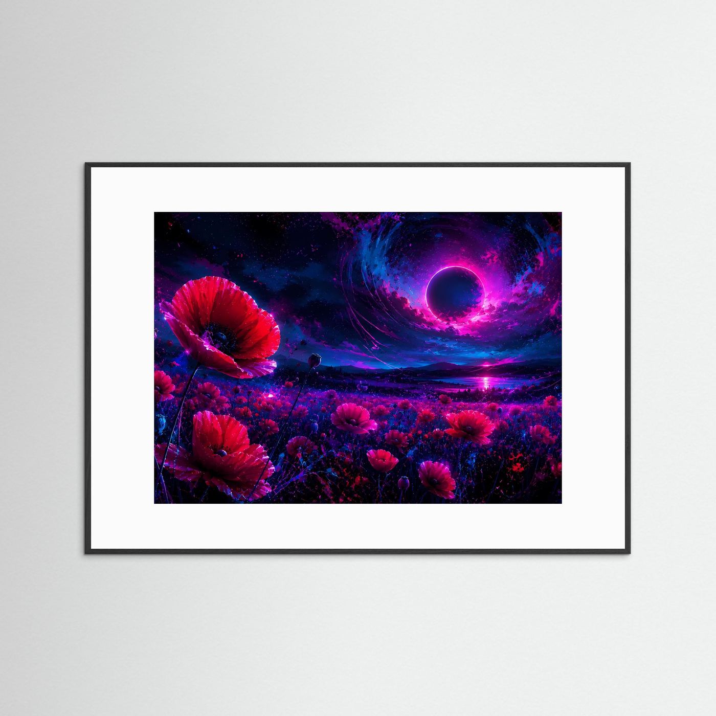 Mohnblumen Poster Querformat | Neon Fantasy Landschaft mit Mond | Abstrakte Moderne Wandkunst