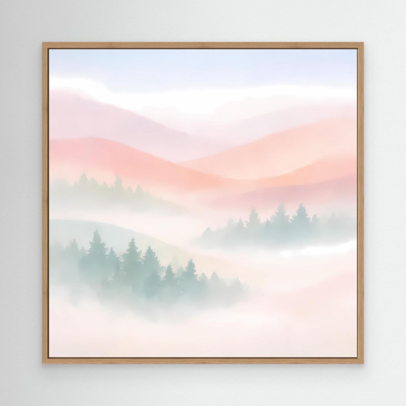 Leinwandbild mit nebligem Berggipfel im Pastellstil, im Eichenrahmen
