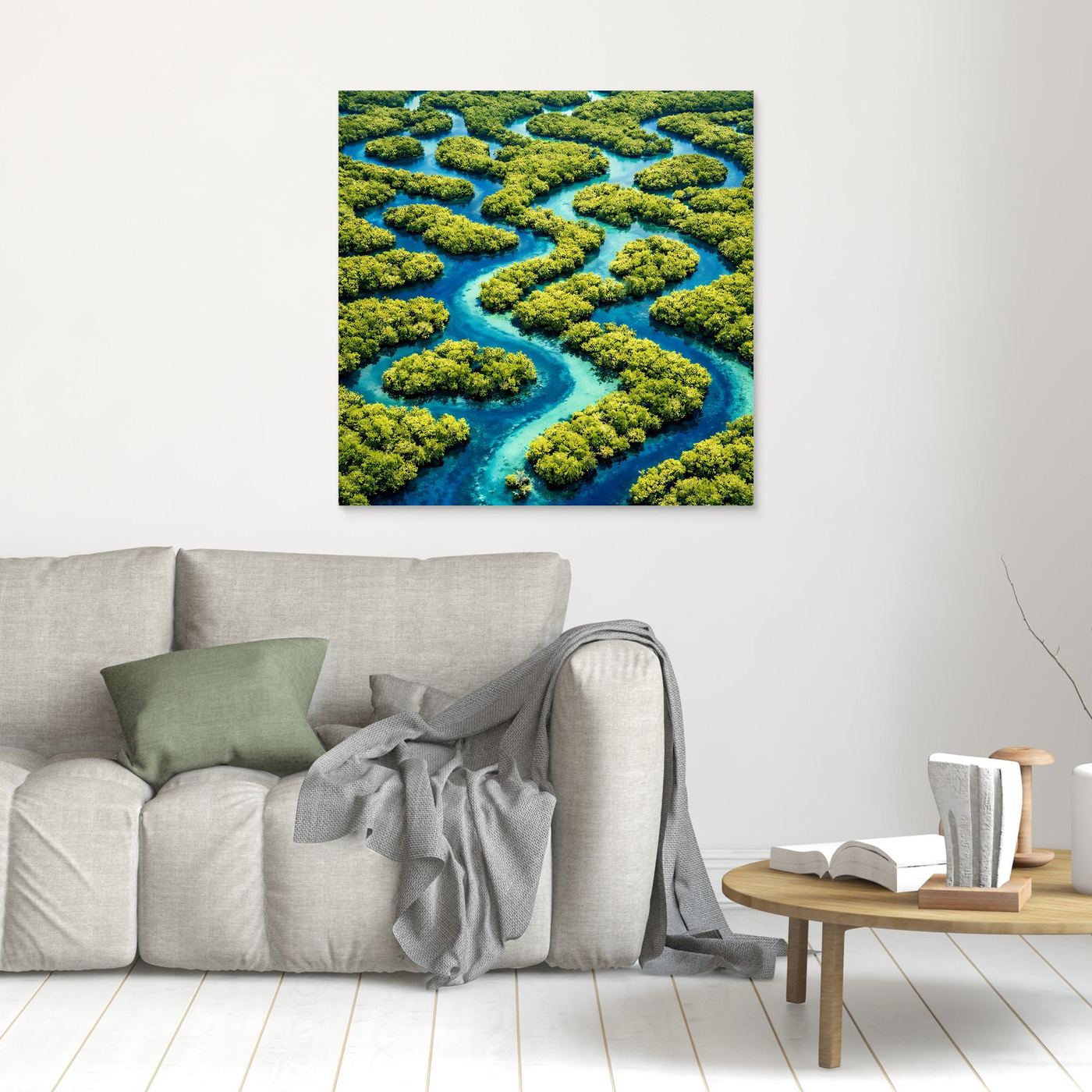 Leinwandbild mit blaugrünem Flusslauf und grünen Inseln, klein an der Wand