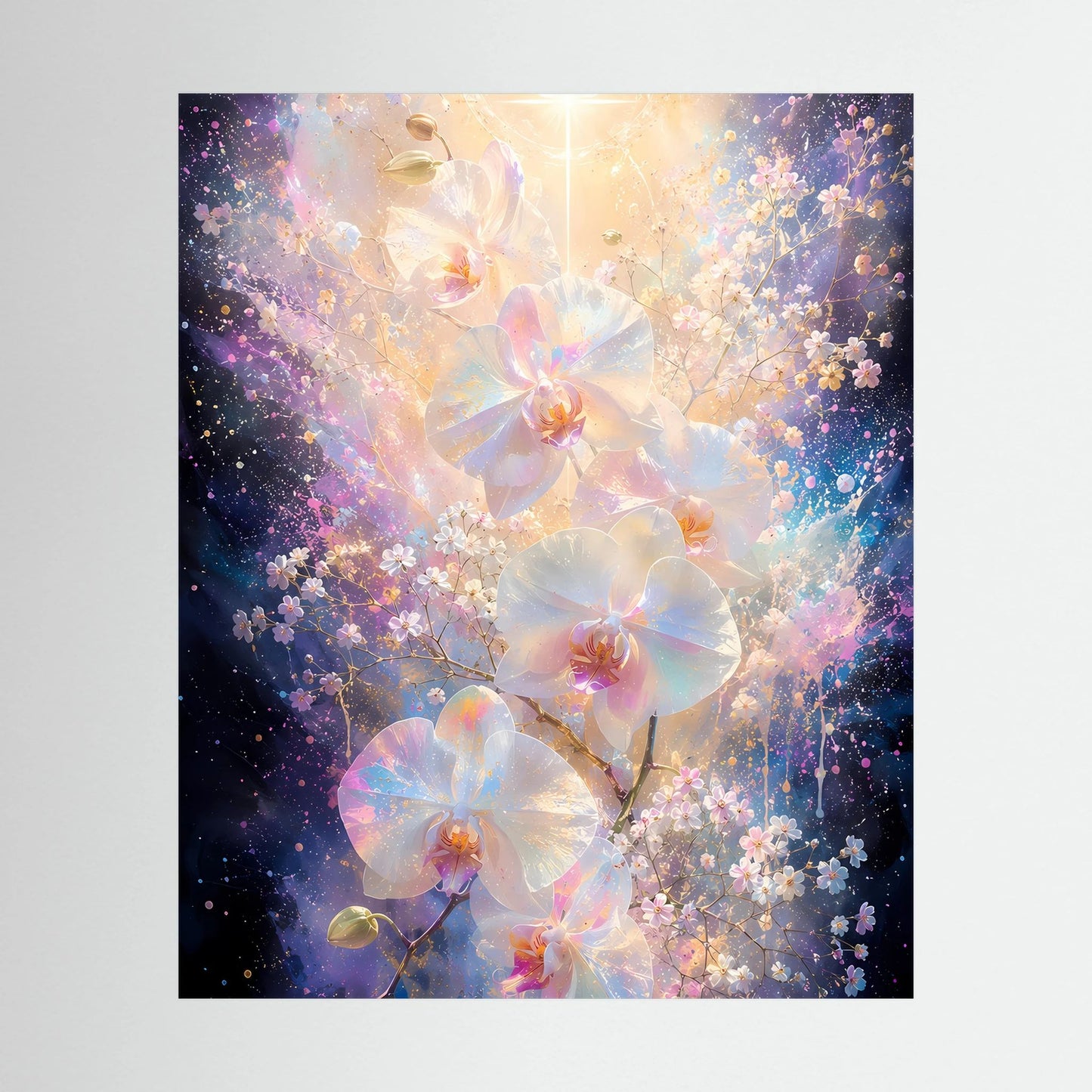 Hochformat-Poster mit leuchtenden Orchideen in Pastellfarben und Goldakzenten