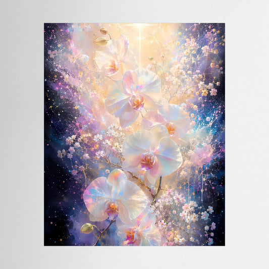 Hochformat-Poster mit leuchtenden Orchideen in Pastellfarben und Goldakzenten