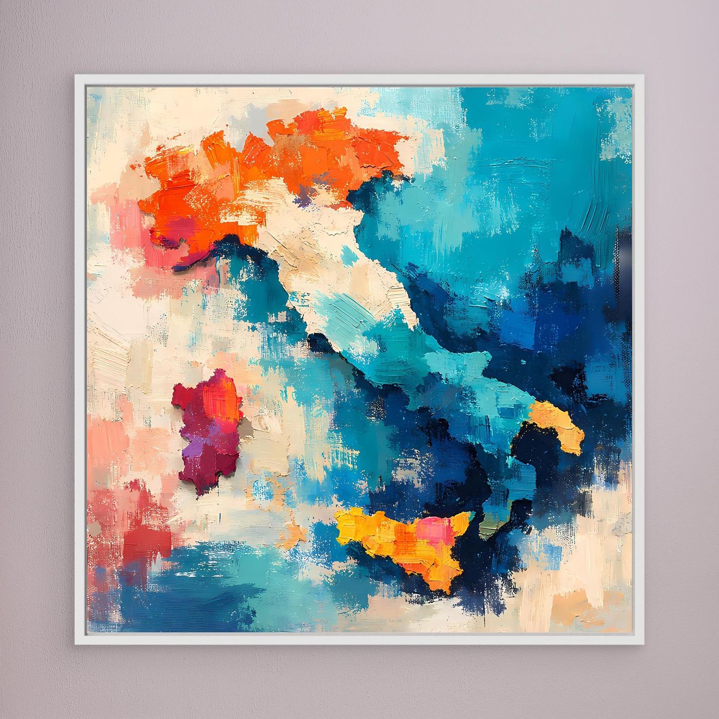 Abstract Italy map canvas wall art with white frame, blue and orange paint textures.