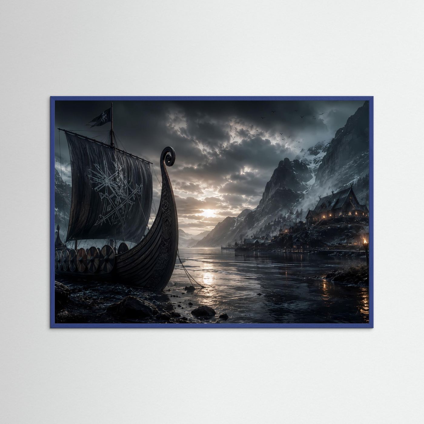 Wikinger im Fjord | Mystisches Langschiff zwischen Bergen – Nordische Wandkunst