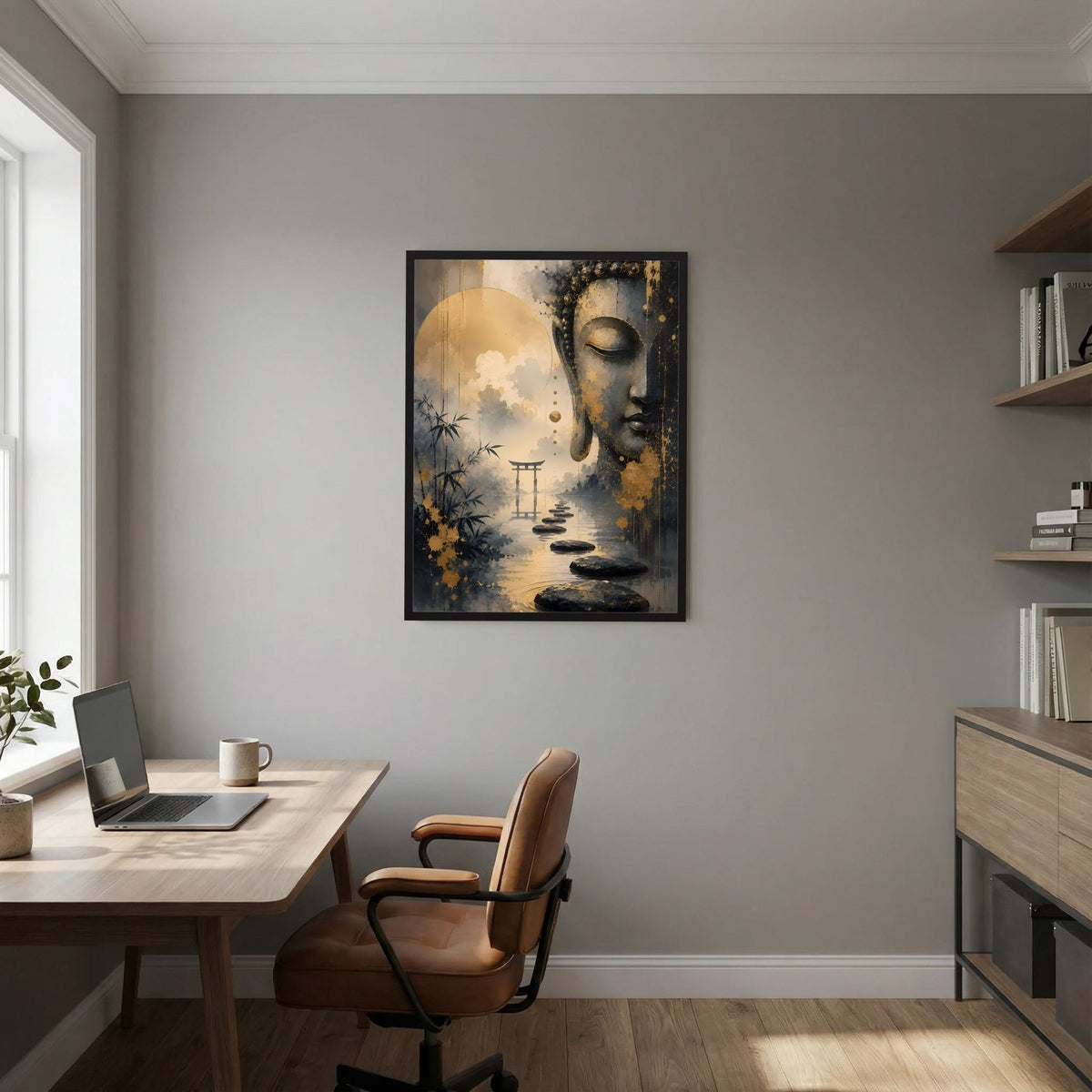 Wandposter im Hochformat: Buddha-Profil in Gold und Schwarz über Nebelmeer und Wasserspur, schwarze Einfassung