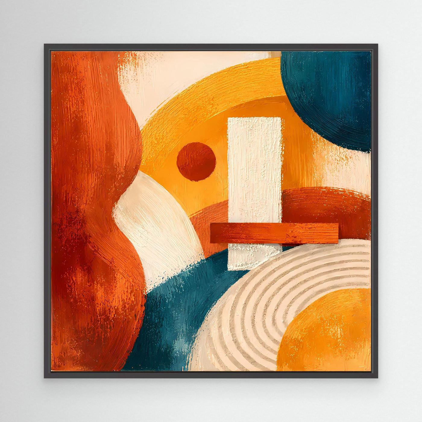 Geometrisches Abstrakt-Leinwandbild mit schwarzem Rahmen, Terrakotta, Blau und Gelb