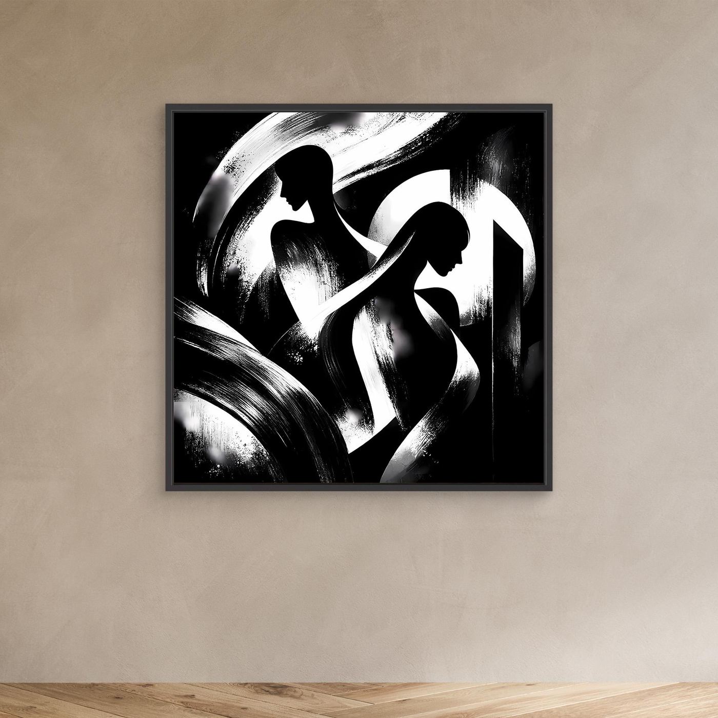 Abstraktes Leinwand-Wandbild, schwarzweiße Silhouetten, schwarzer Rahmen, quadratisch