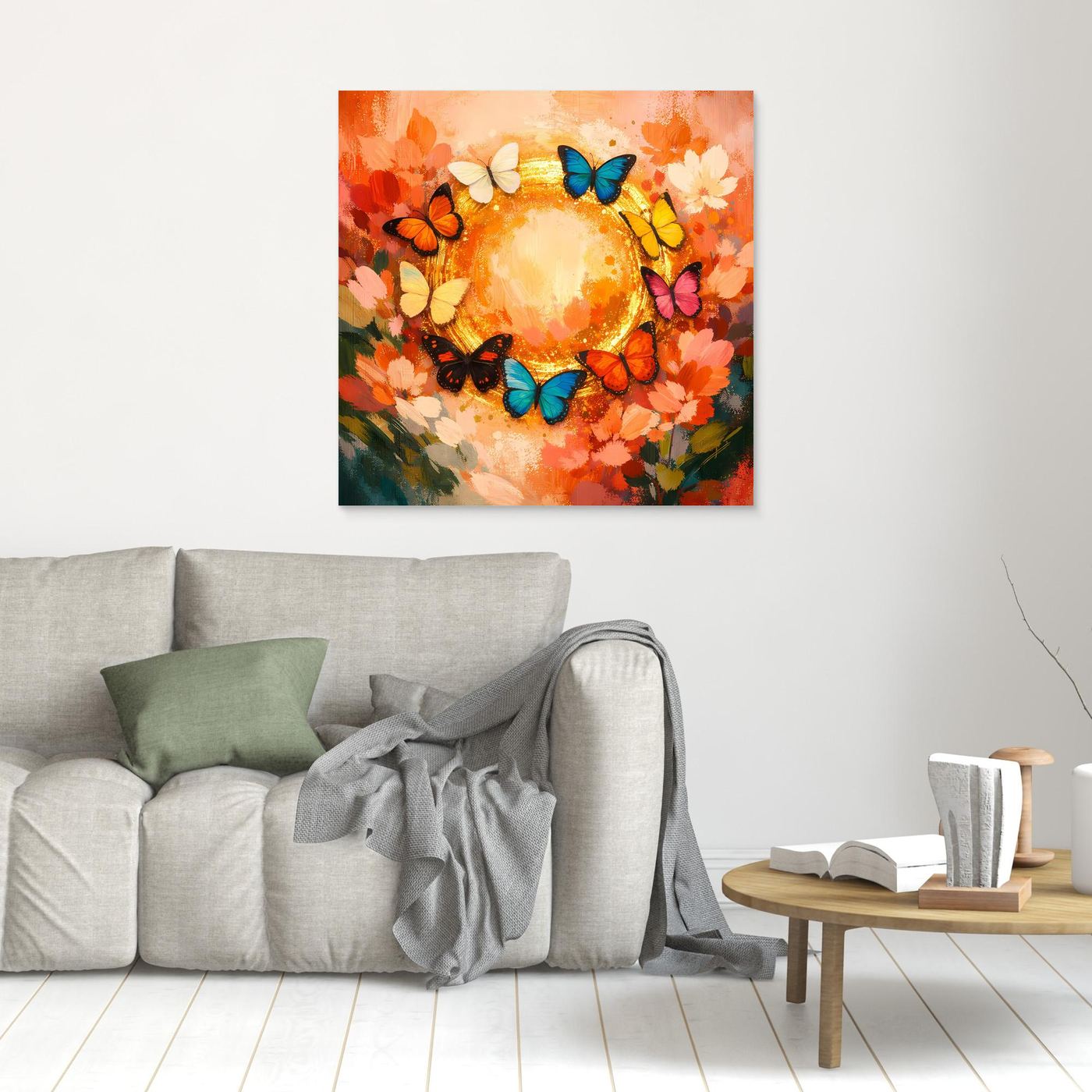 Leinwandbild mit Schmetterlingskreis: bunte Schmetterlinge um goldenen Mittelkreis, orange Blumen
