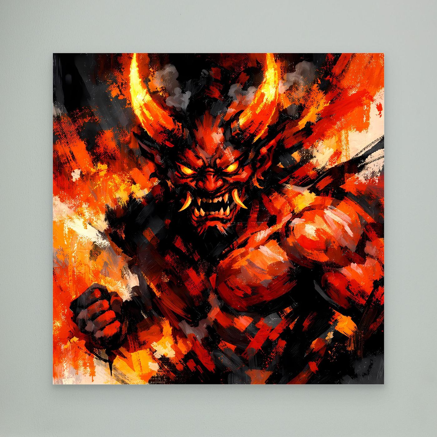Leinwand Feuriger Dämon | Expressionistisches Fantasy Oni Wandbild