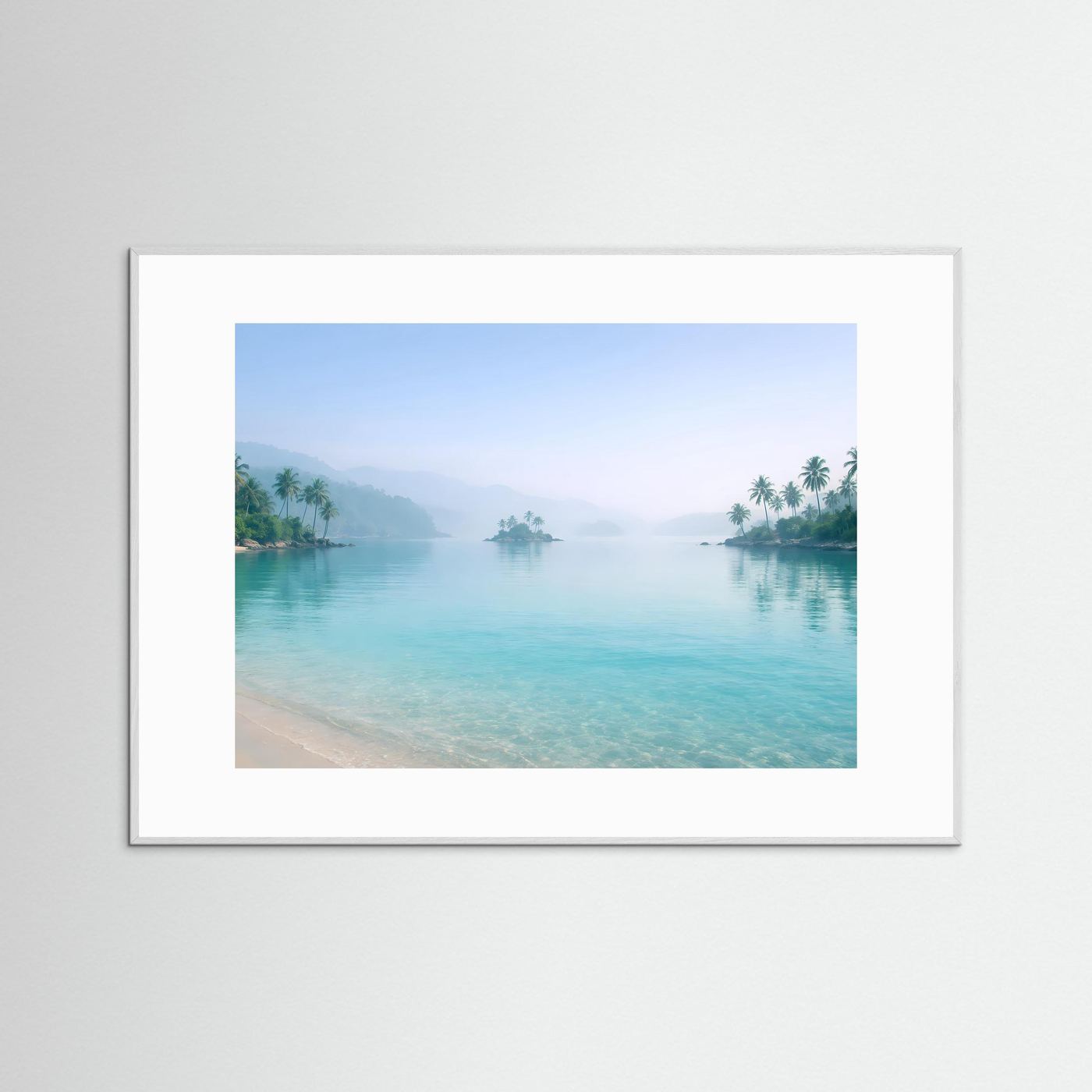 Tropisches Inselparadies im Nebel | Strand & Palmen Wandbild Querformat
