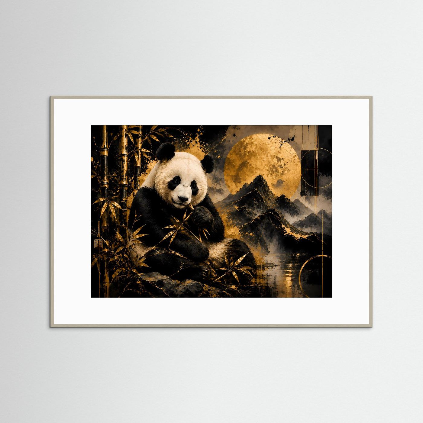 Poster mit Panda, gelbe Berglandschaft und Bambus, grauer Holzrahmen