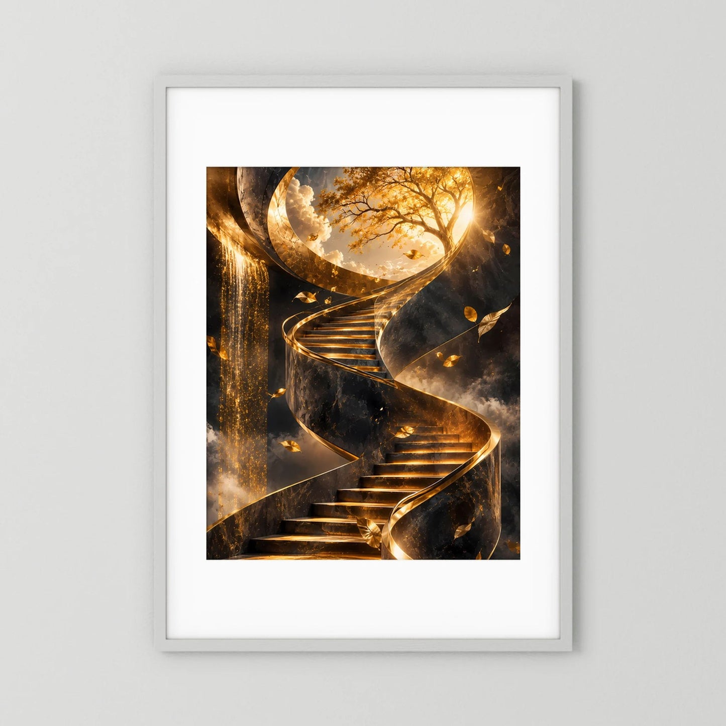 Hochformatiges Kunstposter im weißen Rahmen mit goldener Wendeltreppe