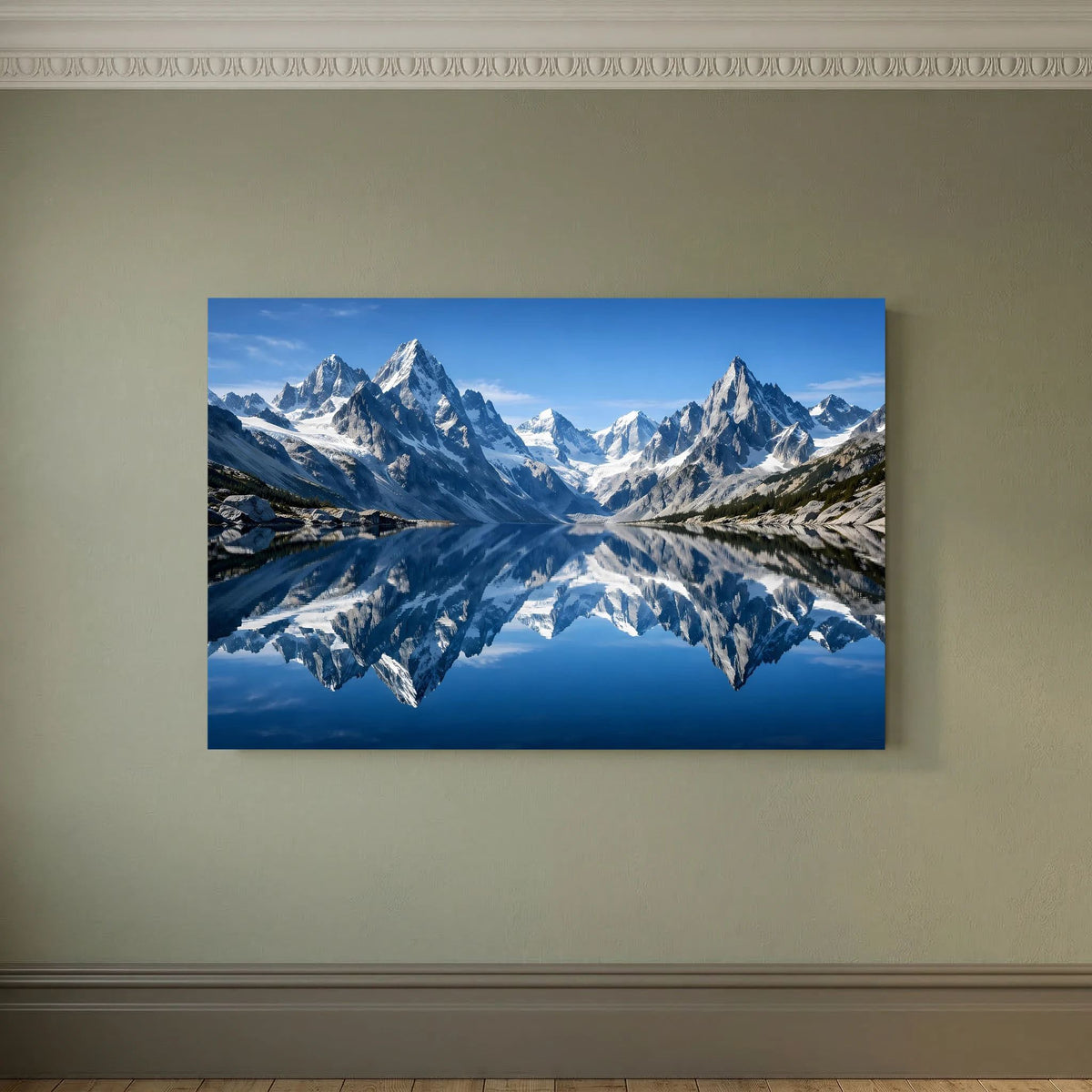 Poster mit reflektierender Alpenlandschaft, Berge und See, Querformat