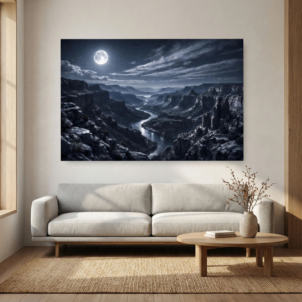 Wandposter im Querformat mit Vollmond über dunklem Canyon und hellem Flussverlauf