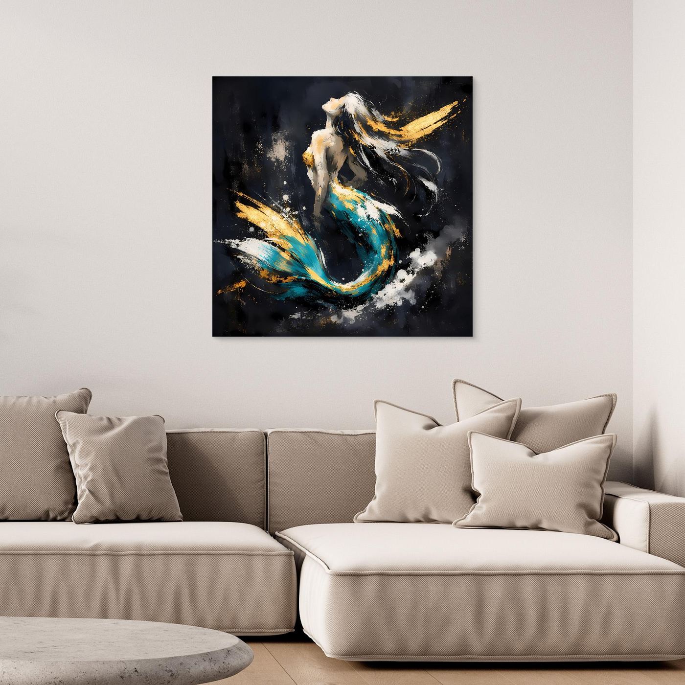 Leinwand Elegante Meerjungfrau in Türkis und Gold | Modernes Fantasy Wandbild