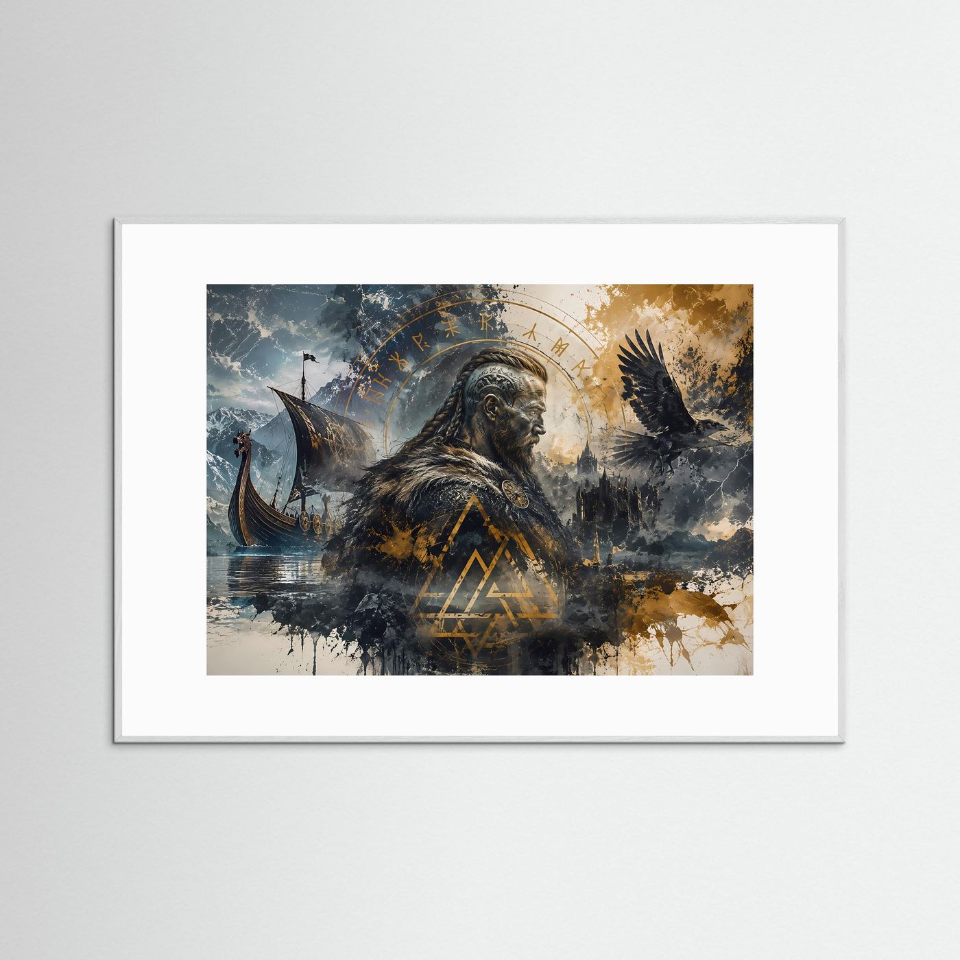 Wikinger Poster | Nordische Mythologie Wandbild | Viking Kunst mit Rabe & Langschiff | Ragnarök Runen | Skandinavische Fine Art