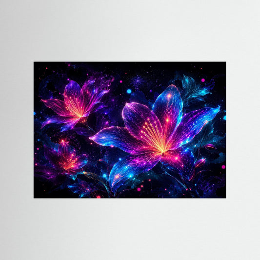 Neon-Blumenwandbild mit leuchtenden Lilien in Pink, Violett und Blau, ohne sichtbaren Rahmen
