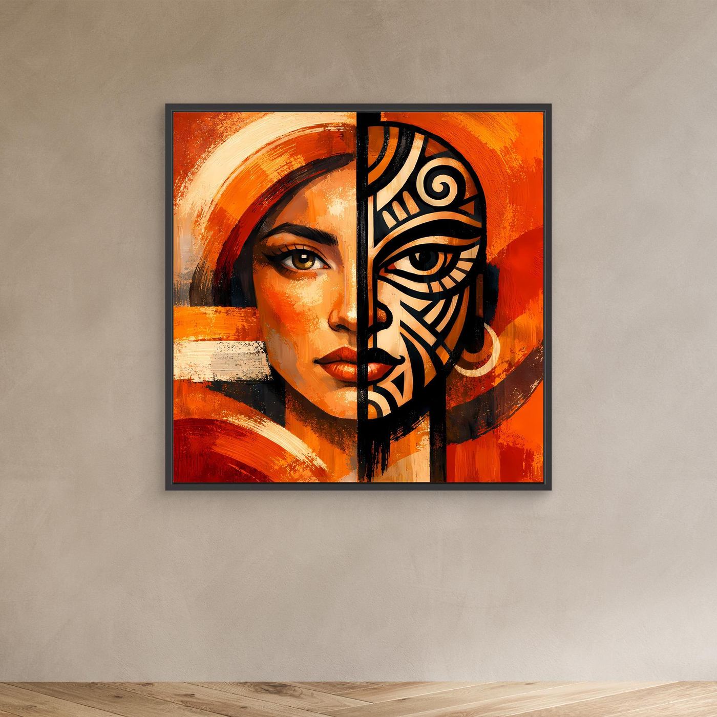 Leinwandbild mit Frauenporträt und Maskenhälfte, orange/rot, schwarz-grafische Muster, schwarzer Rahmen
