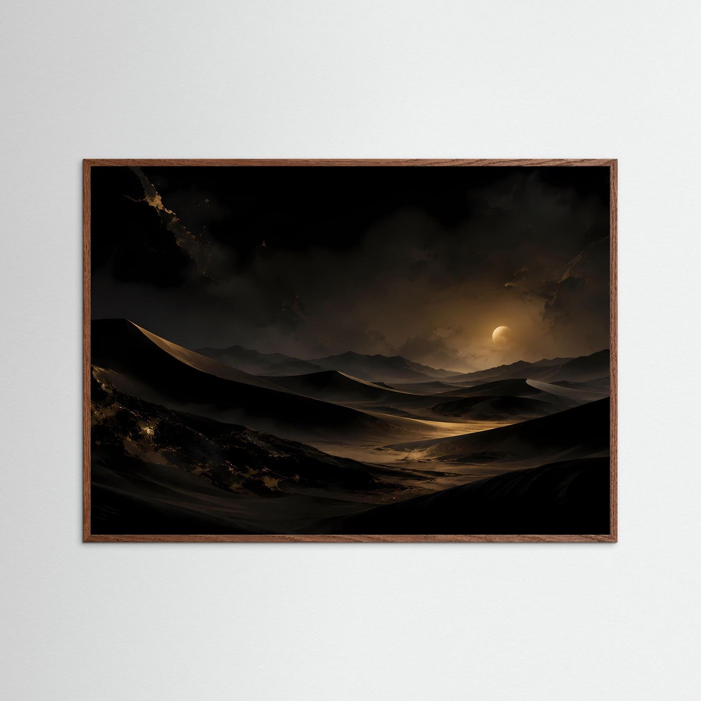 Wüste bei Nacht Poster | Gold Schwarz Dünen Landschaft | Mystische Mondnacht Wandbild | Elegante Wüstenkunst | Moderne Wall Art