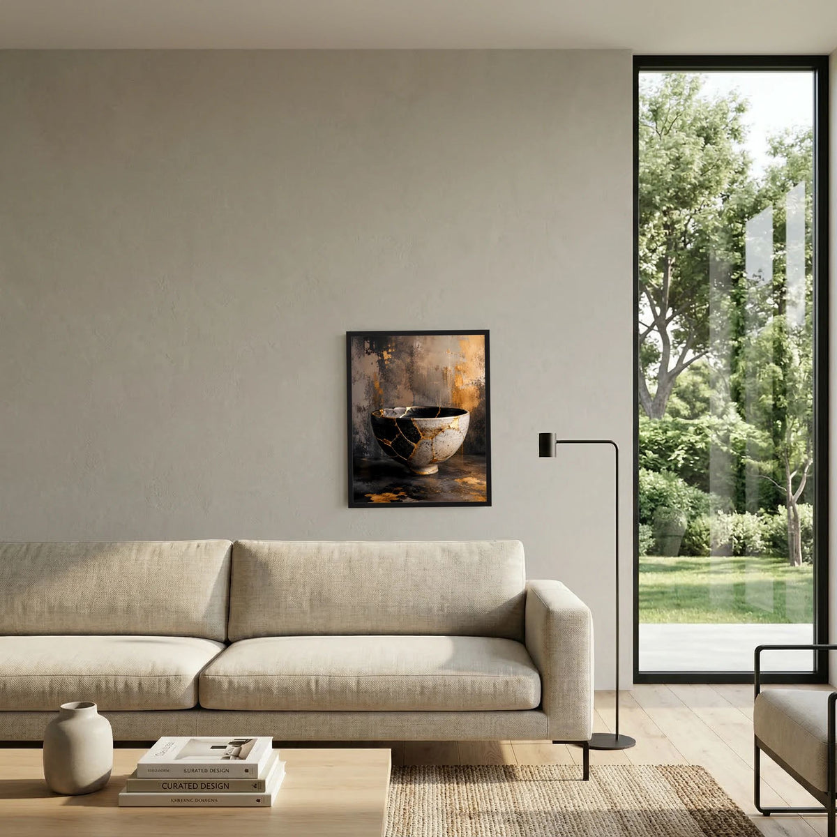 Wandposter Hochformat: Kintsugi-Schale in Schwarz, Weiß und Gold