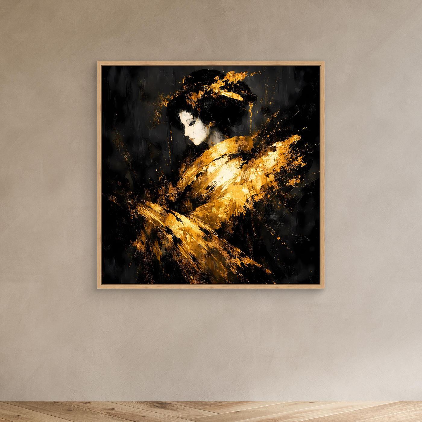 Leinwand Elegante Goldene Geisha | Abstraktes Asiatisches Wandbild