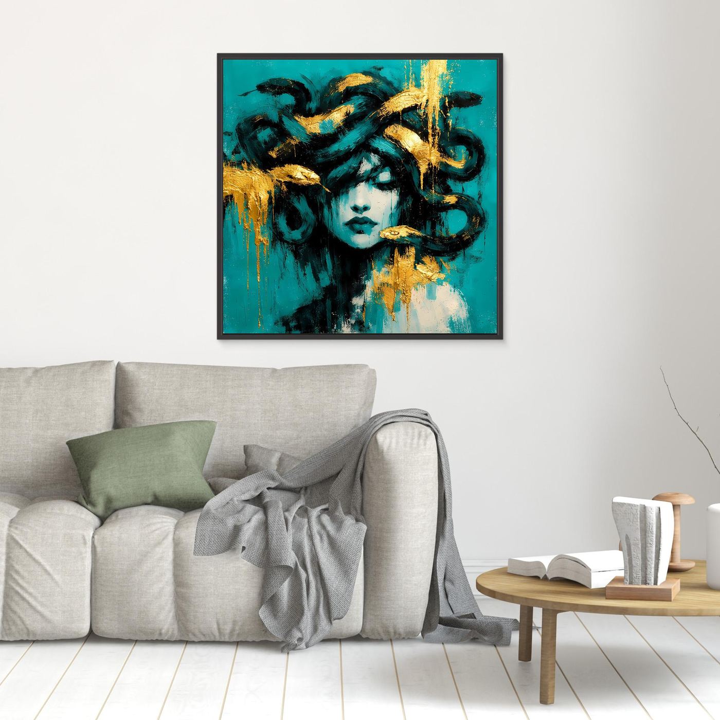 Leinwand Mythische Medusa in Türkis und Gold | Abstraktes Gorgonen Wandbild