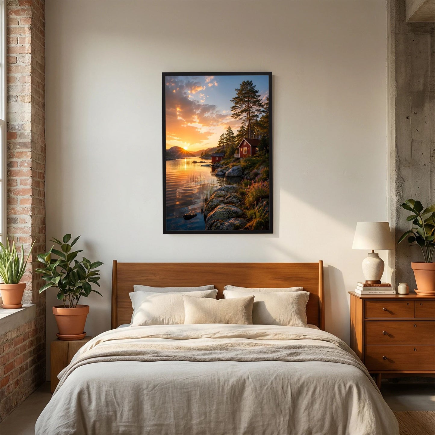Kunstposter im Hochformat mit schwarzem Rahmen: See bei goldenem Abendlicht, rote Hütte, Bäume.