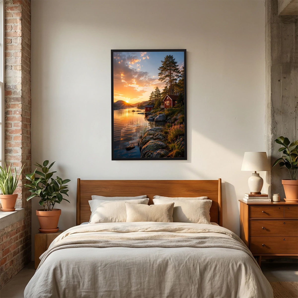 Kunstposter im Hochformat mit schwarzem Rahmen: See bei goldenem Abendlicht, rote Hütte, Bäume.