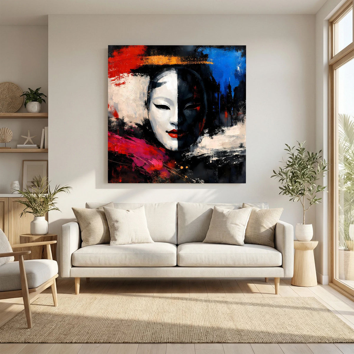 Leinwand-Wandbild: Geisha-Maske mit weißem Gesicht, schwarzem Haar und roten blauen Akzenten