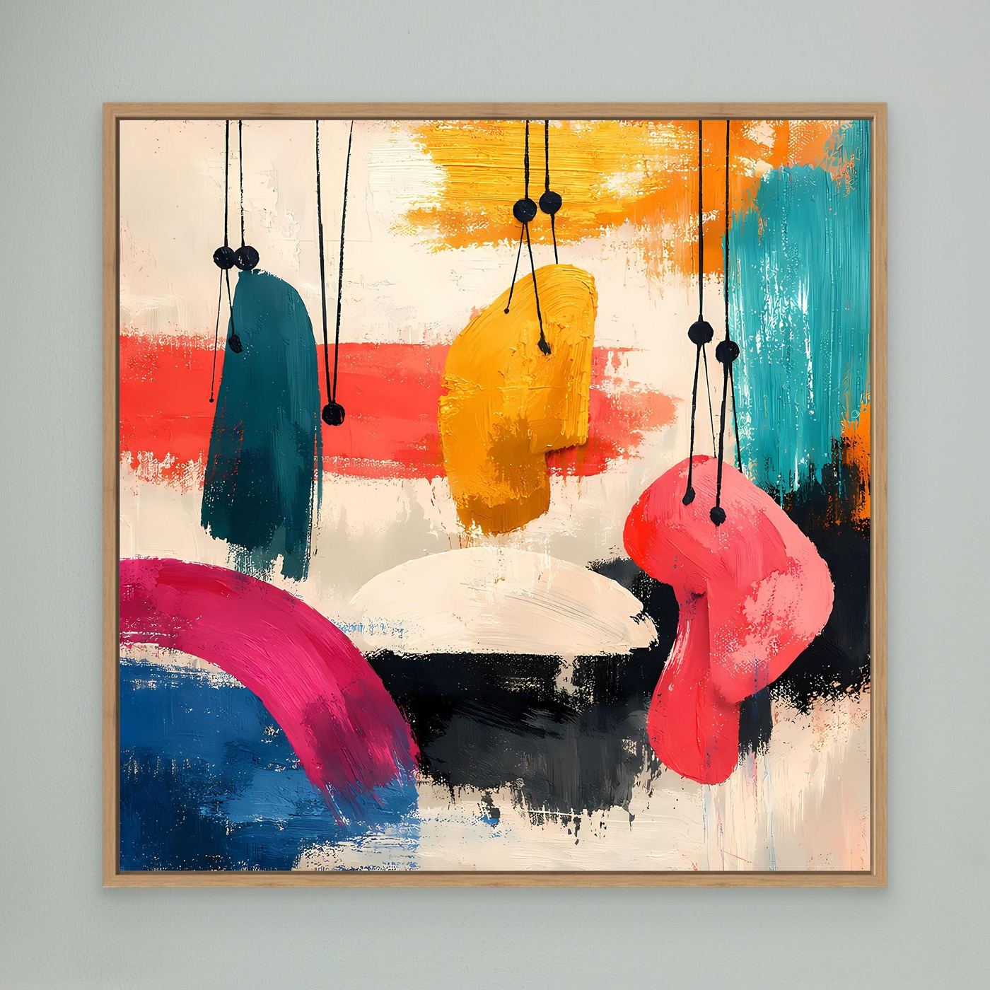 Abstract canvas wall art with light wood frame, hanging organic shapes in teal, yellow, pink