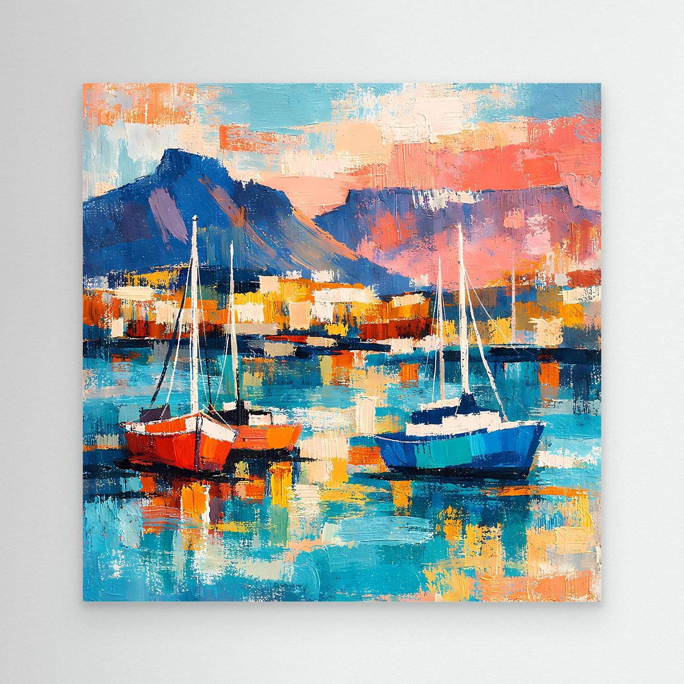 Abstraktes Leinwand-Wandbild mit zwei Segelbooten im Hafen, türkis, blau und orange